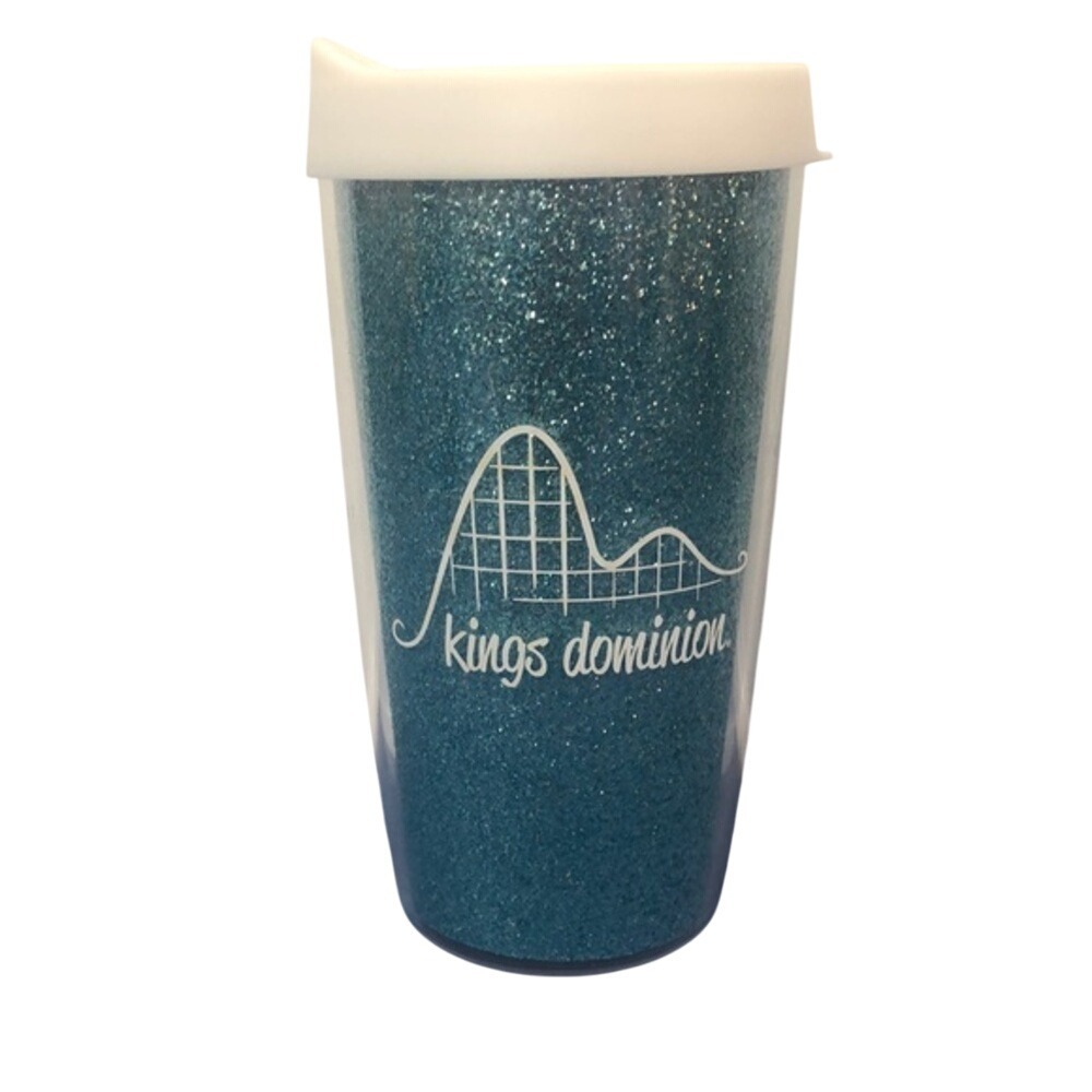 Kings Dominion Blue Glitter Travel Tumbler with‎ Lid Amusement Park Souvenir